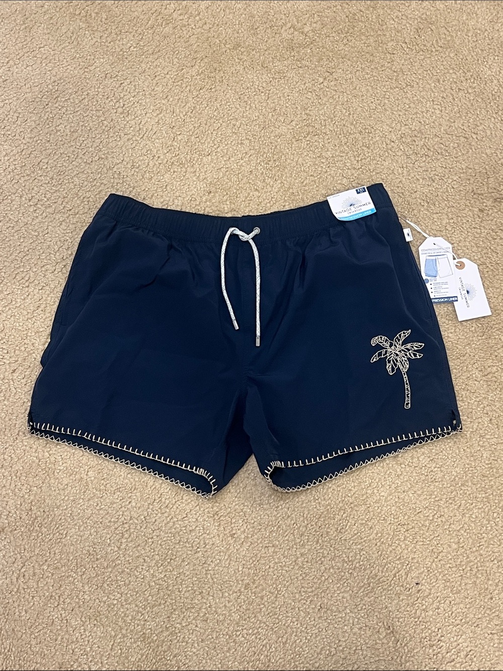 Navy Palm-Embroidered Men's Hybrid Swim Shorts
